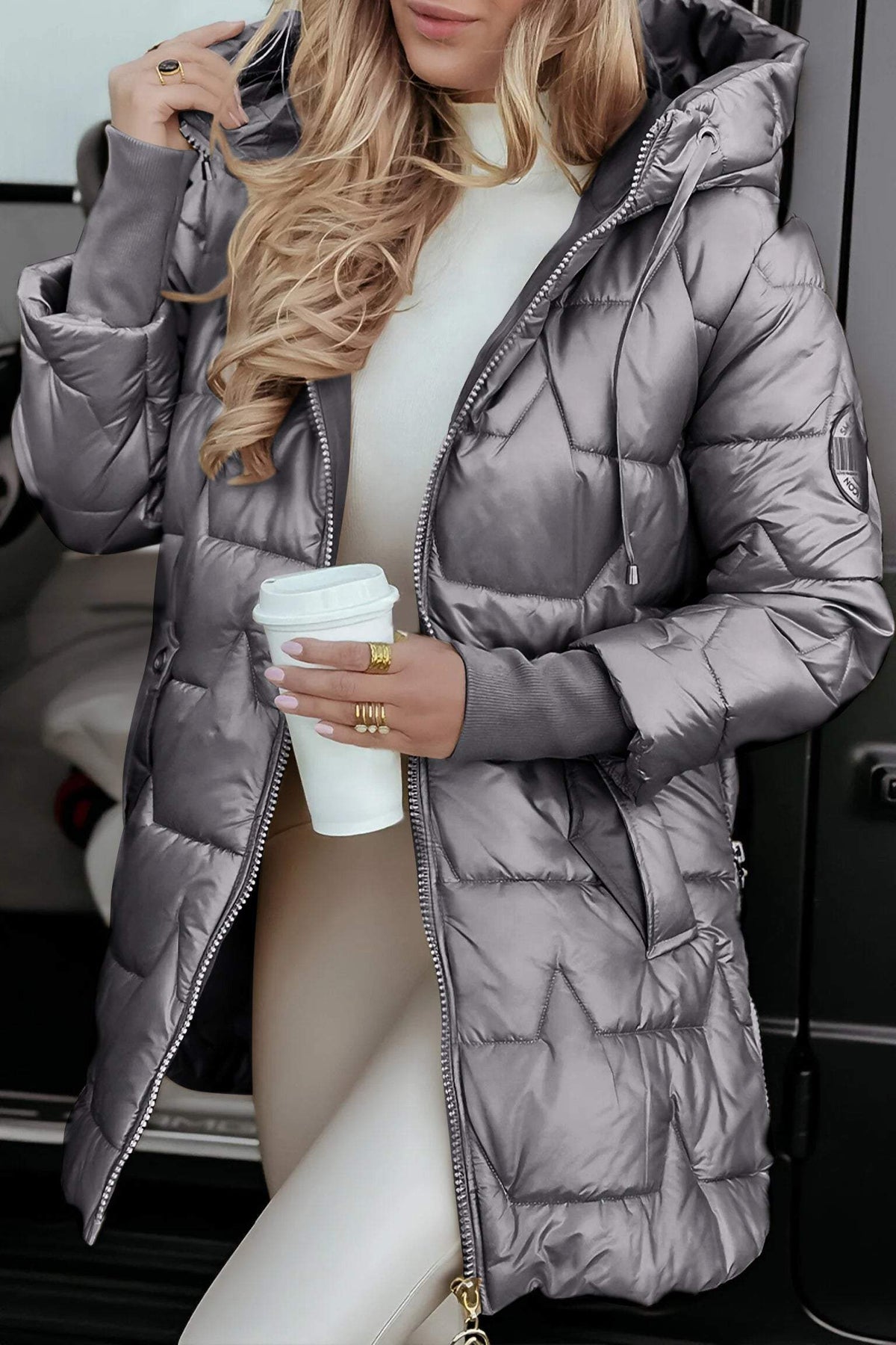 Women's Puffer Coat – Mid-Length Hooded Quilted Jacket in Gray