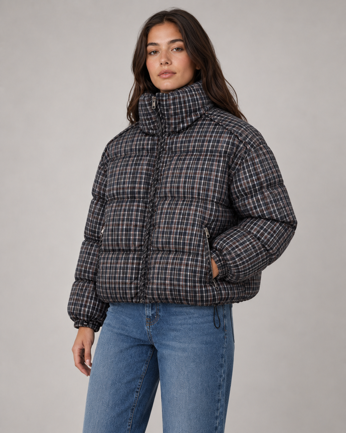 Women's Puffer Jacket – Plaid Quilted Coat with Funnel Neck