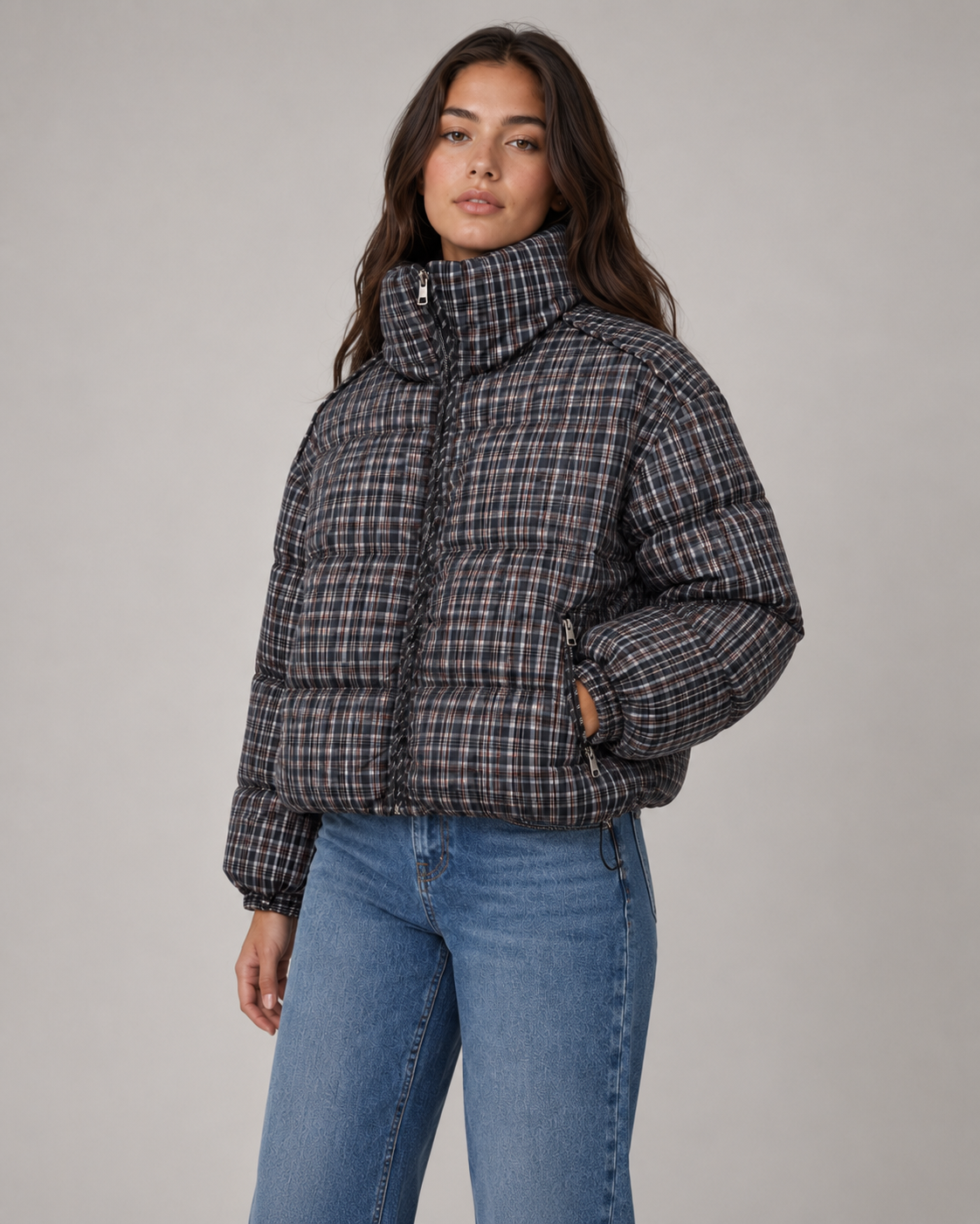 Women's Puffer Jacket – Plaid Quilted Coat with Funnel Neck – alternate view