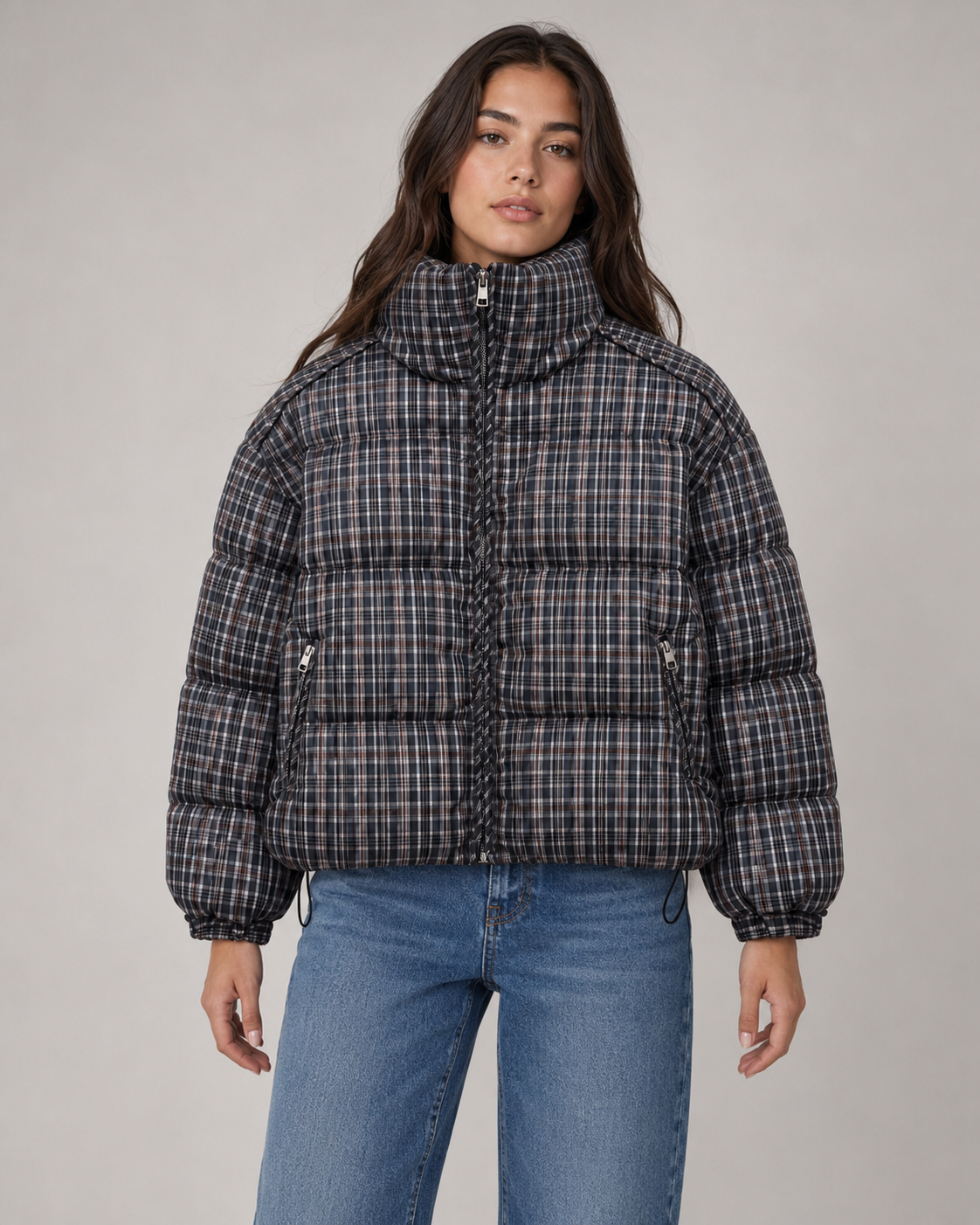 Women's Puffer Jacket – Plaid Quilted Coat with Funnel Neck – alternate view