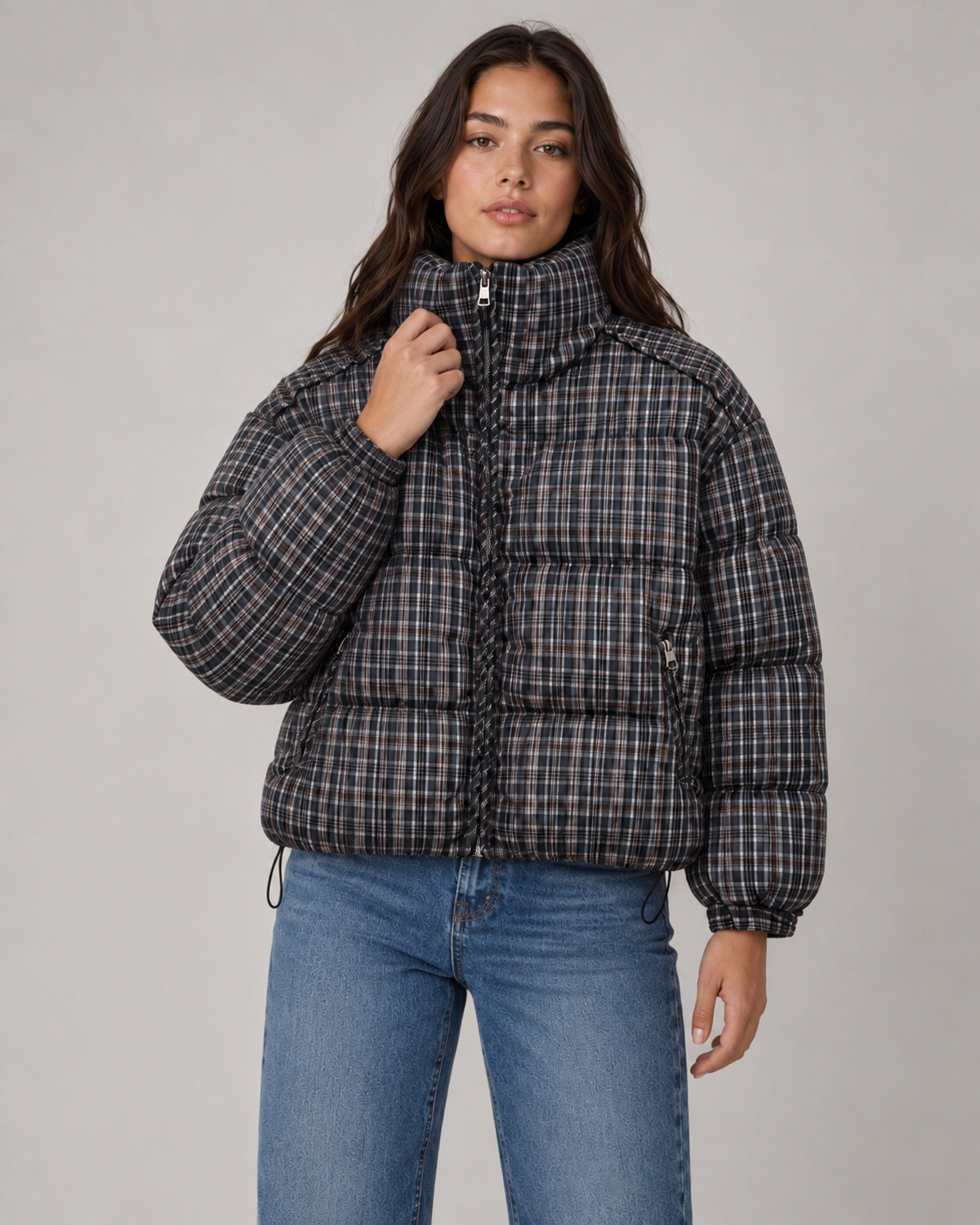 Women's Puffer Jacket – Plaid Quilted Coat with Funnel Neck – alternate view