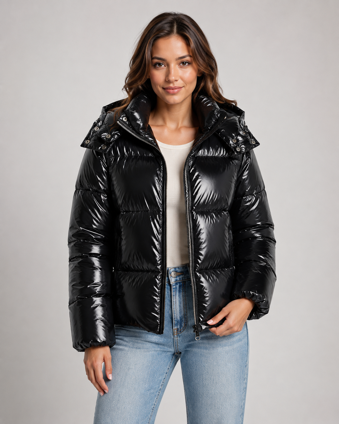 Women's Puffer Jacket – Cropped Glossy Hooded Quilted Jacket in Black