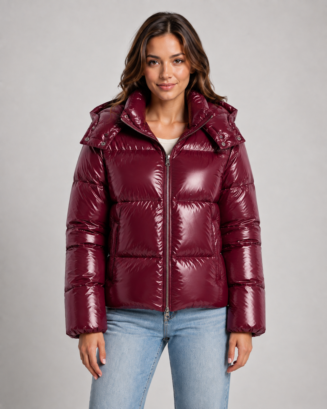 Women's Puffer Jacket – Cropped Glossy Hooded Quilted Jacket in Burgundy