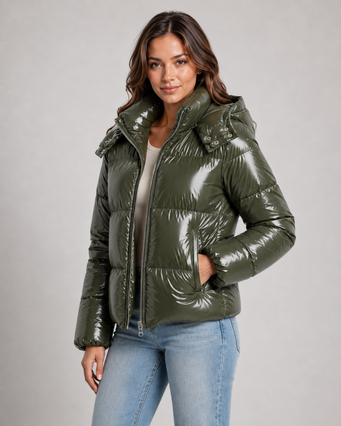 Women's Puffer Jacket – Cropped Glossy Hooded Quilted Jacket in Green