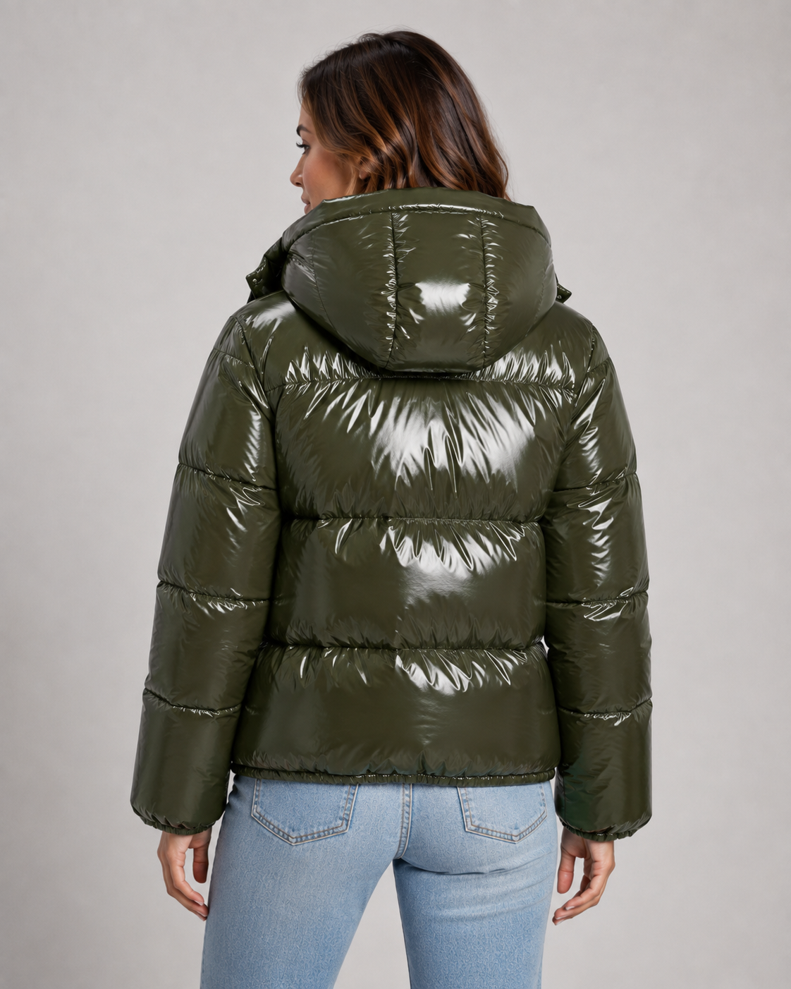 Women's Puffer Jacket – Cropped Glossy Hooded Quilted Jacket – alternate view