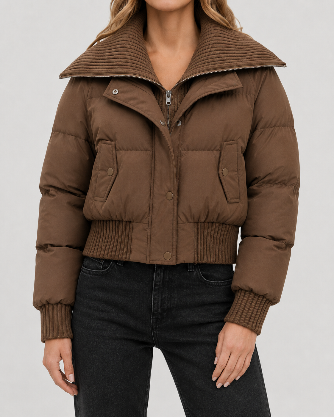Women's Puffer Jacket – Cropped Down Blend Knit Collar Quilted Coat in Brown