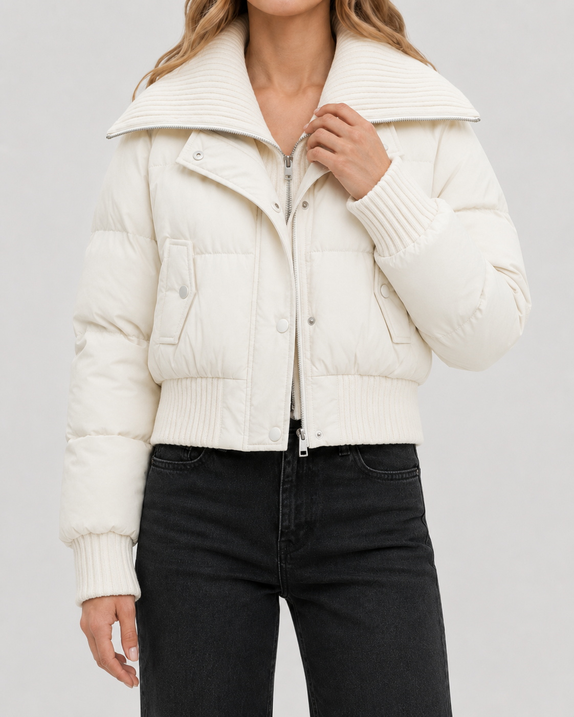 Women's Puffer Jacket – Cropped Down Blend Knit Collar Quilted Coat in Cream