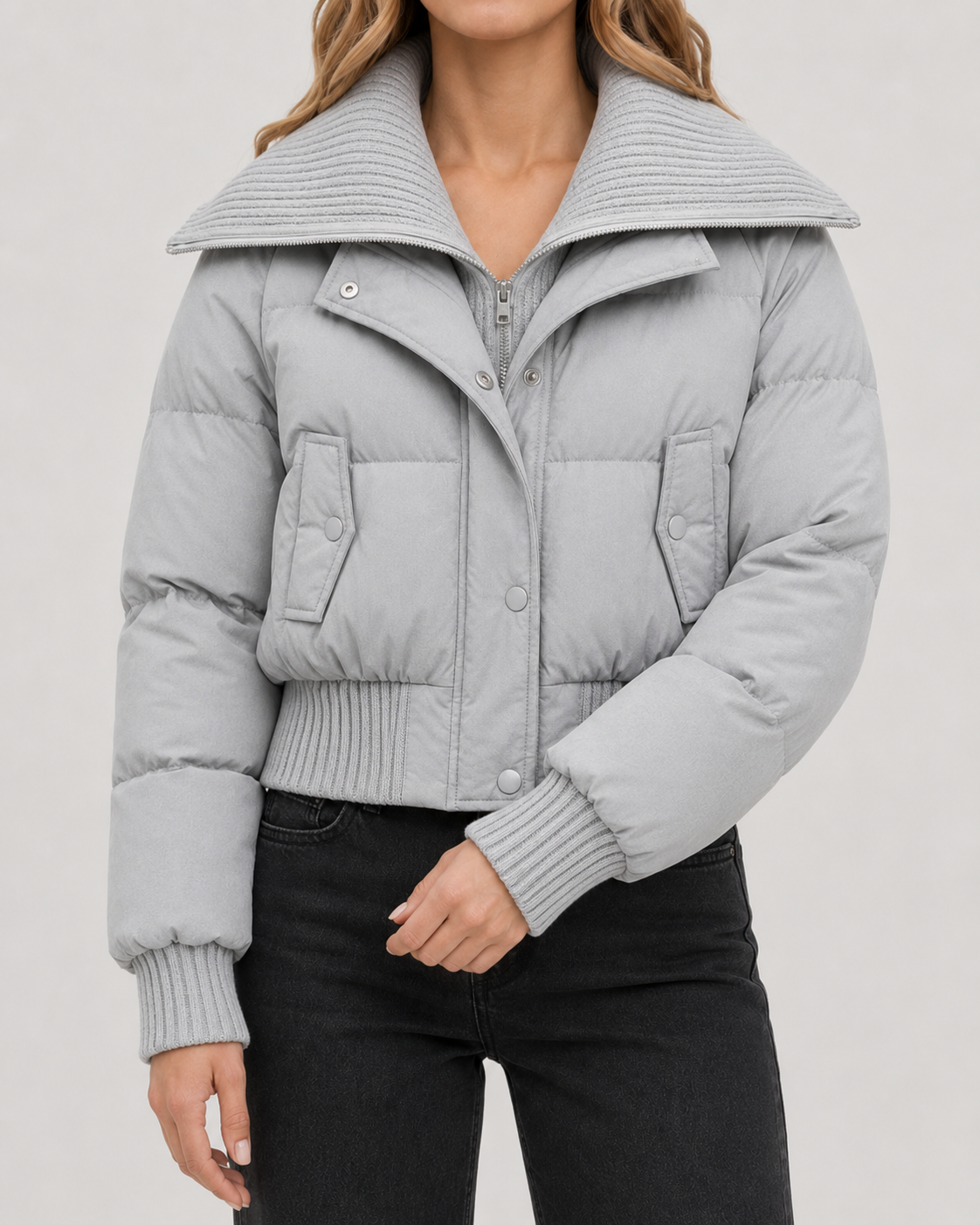 Women's Puffer Jacket – Cropped Down Blend Knit Collar Quilted Coat in Gray