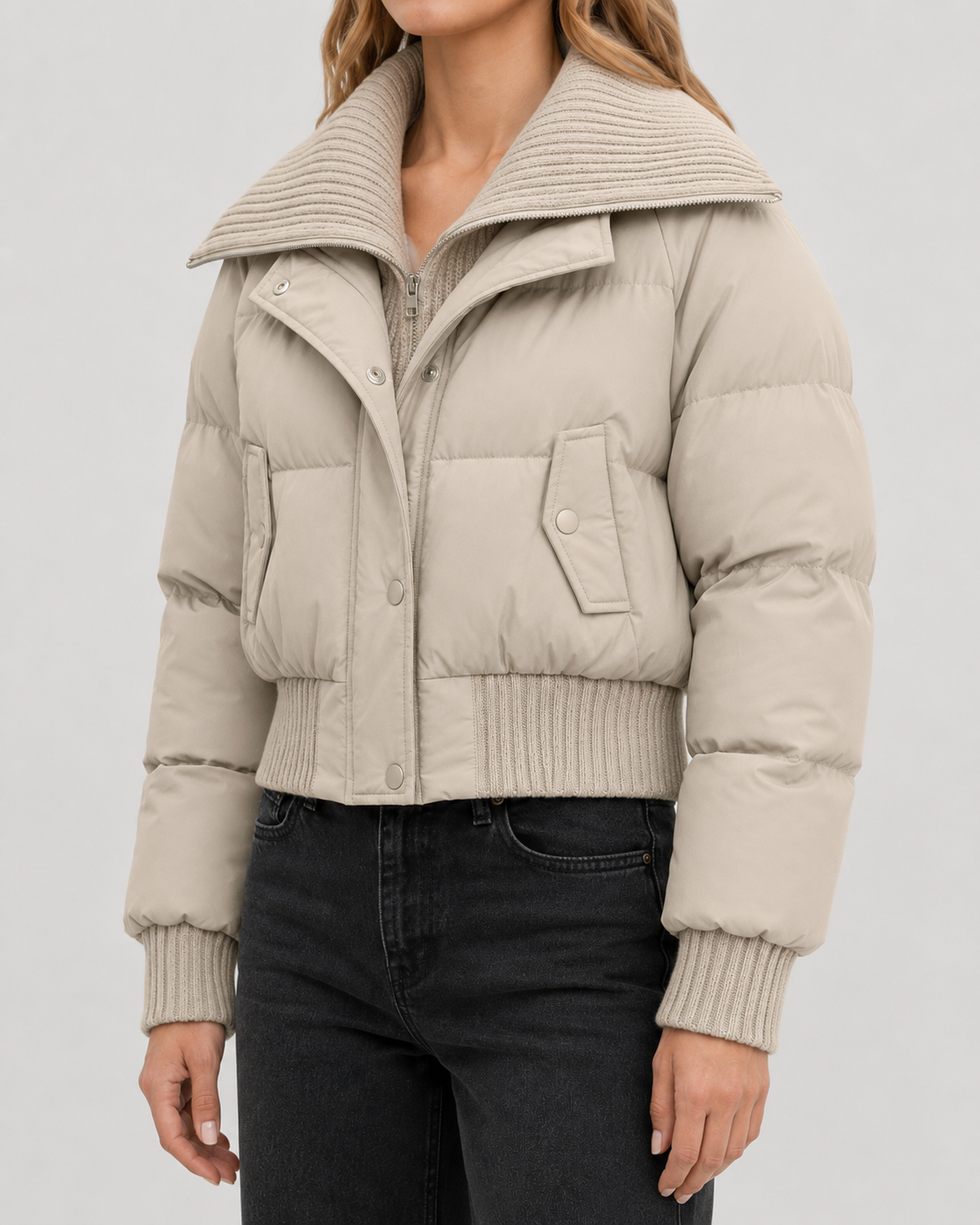 Women's Puffer Jacket – Cropped Down Blend Knit Collar Quilted Coat – alternate view