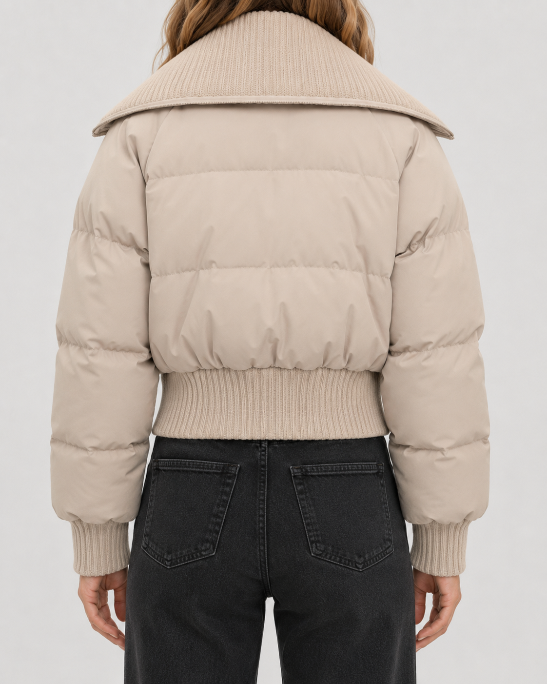 Women's Puffer Jacket – Cropped Down Blend Knit Collar Quilted Coat – alternate view