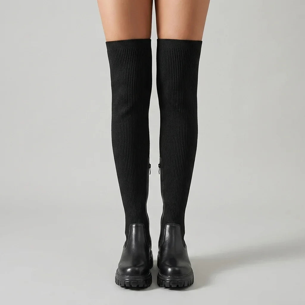 Women's Knee High Boots – Ribbed Knit Sock Boots with Lug Sole & Side Zip