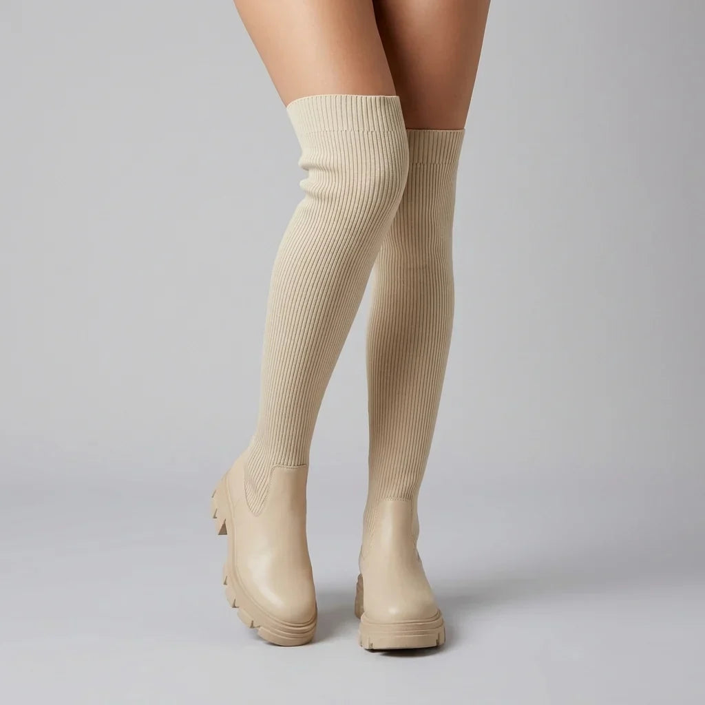 Women's Knee High Boots – Ribbed Knit Sock Boots with Lug Sole & Side Zip – alternate view