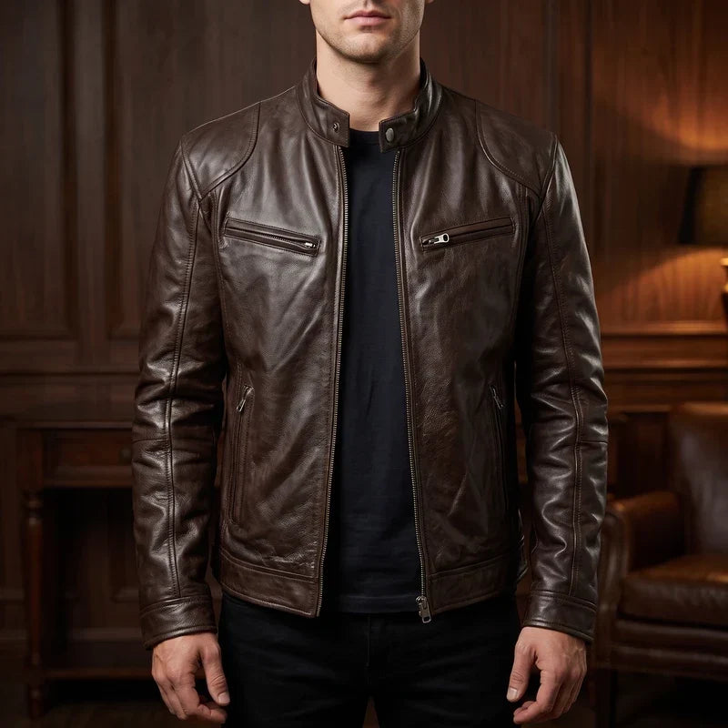 Men's Leather Jacket – Relaxed Fit Cafe Racer Moto Jacket in Brown