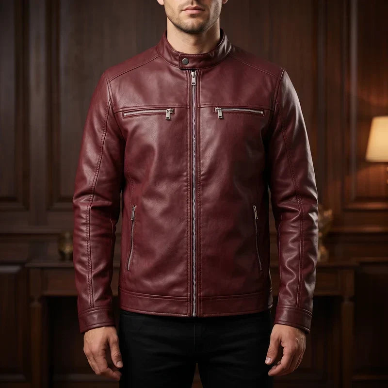 Men's Leather Jacket – Relaxed Fit Cafe Racer Moto Jacket in Burgundy