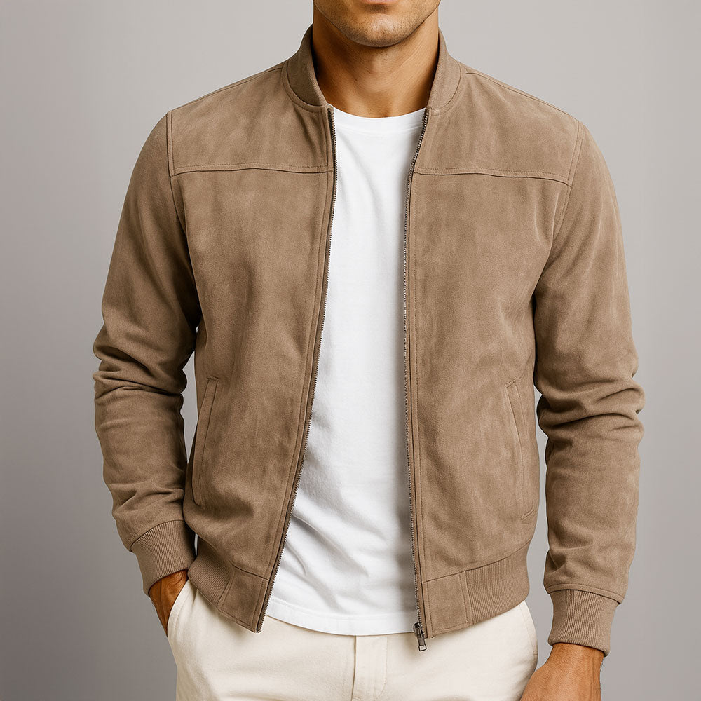 Men's Faux Suede Bomber Jacket – Lightweight Zip-Up Jacket in Brown