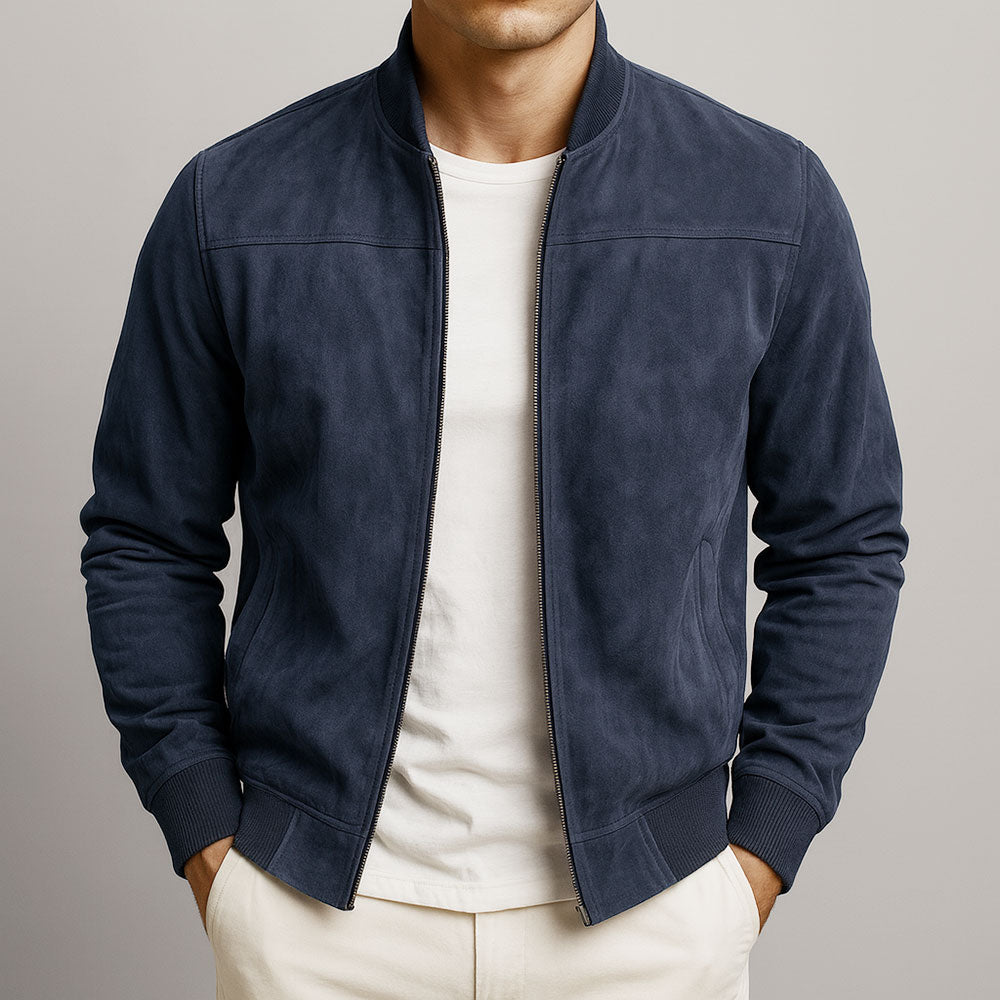 Men's Faux Suede Bomber Jacket – Lightweight Zip-Up Jacket in Navy Blue