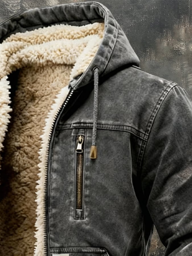 Men's Hooded Jacket – Sherpa Lined Vintage Washed Fall Jacket – alternate view