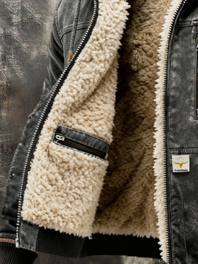Men's Hooded Jacket – Sherpa Lined Vintage Washed Fall Jacket – alternate view