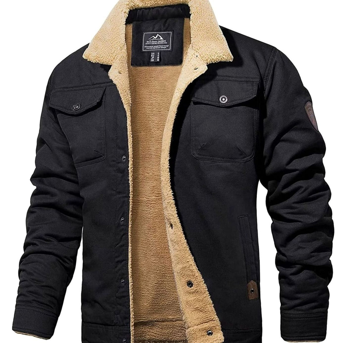 Men's Sherpa Trucker Jacket – Snap Front Relaxed Fit Lined Jacket in Black