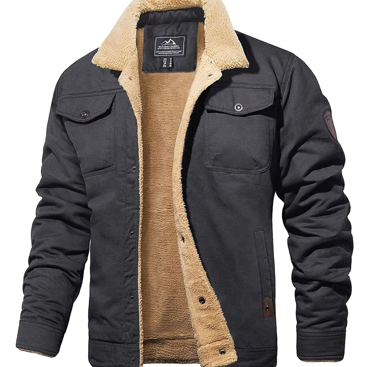 Men's Sherpa Trucker Jacket – Snap Front Relaxed Fit Lined Jacket in Dark Gray