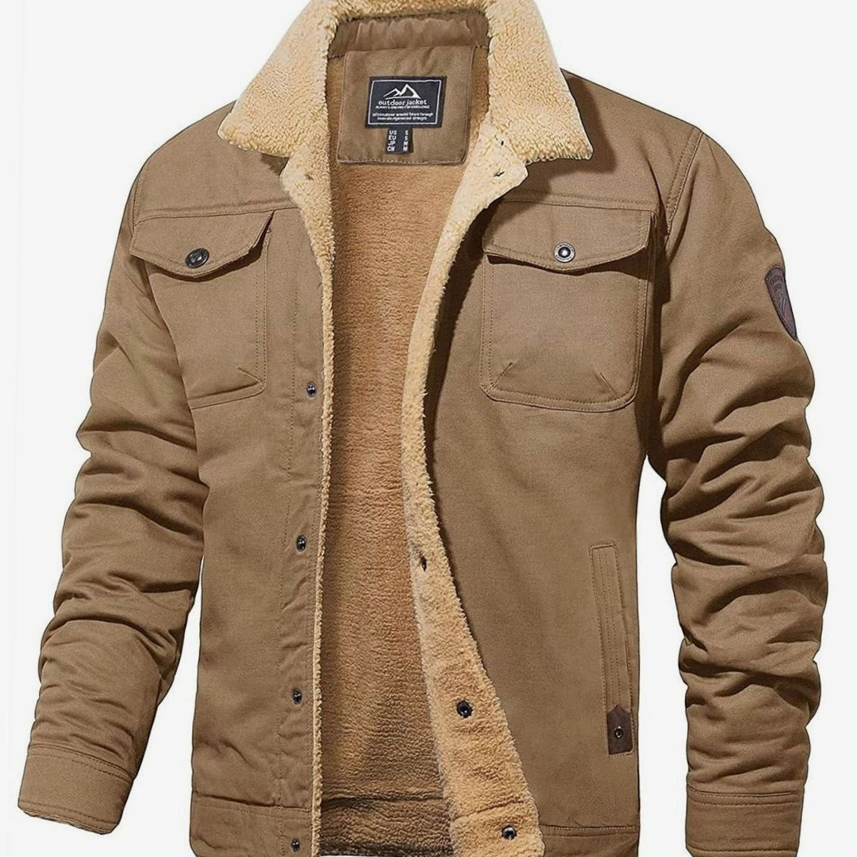 Men's Sherpa Trucker Jacket – Snap Front Relaxed Fit Lined Jacket in Khaki