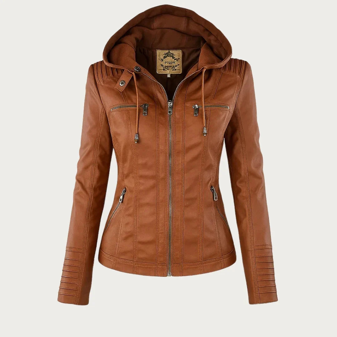 Women's Leather Jacket – Hooded Moto Biker Jacket with Zip Pockets in Camel