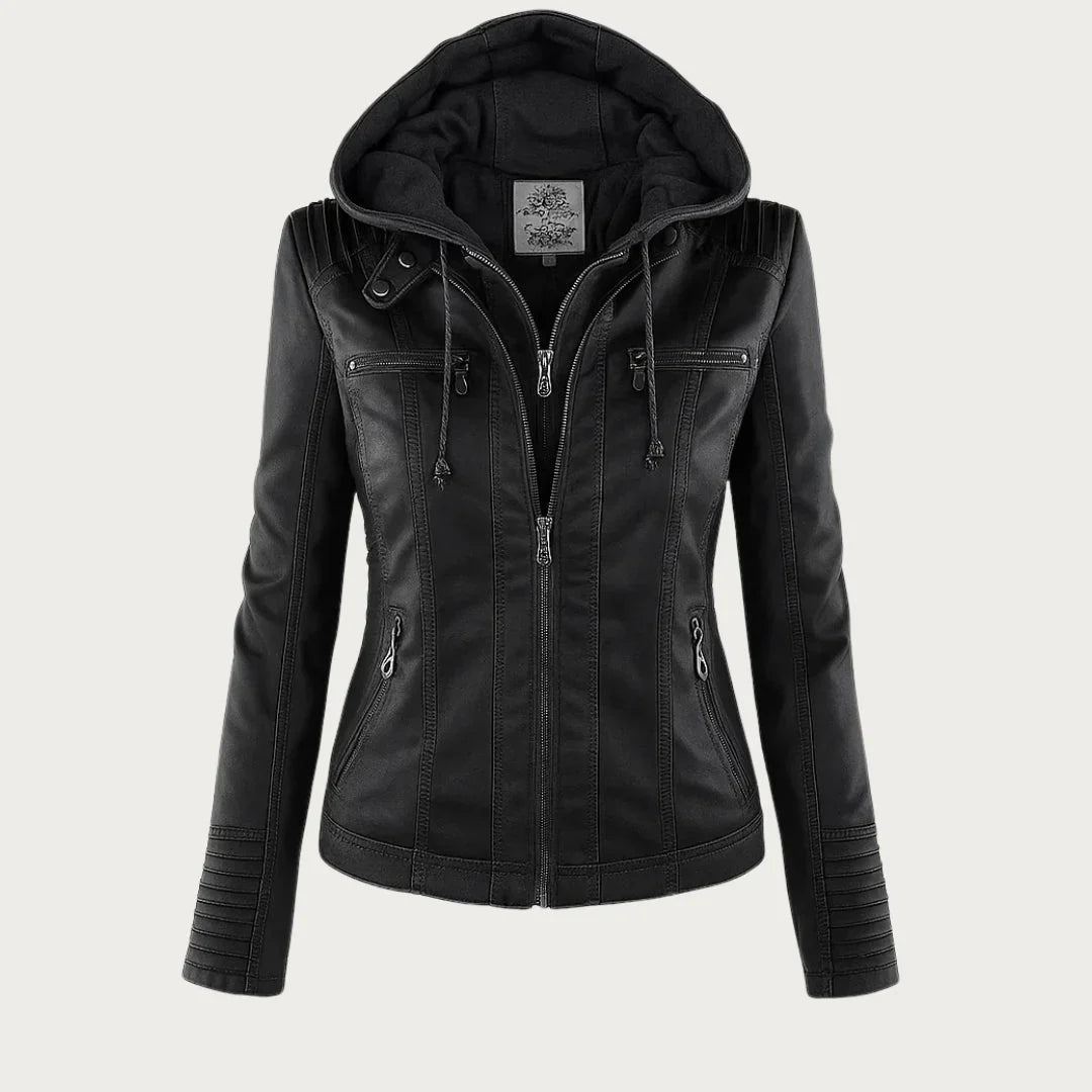 Women's Leather Jacket – Hooded Moto Biker Jacket with Zip Pockets in Black