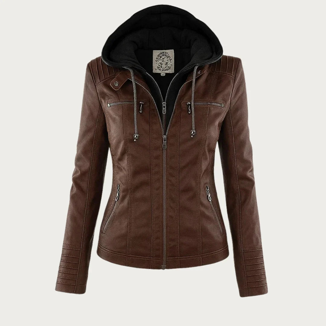 Women's Leather Jacket – Hooded Moto Biker Jacket with Zip Pockets in Brown
