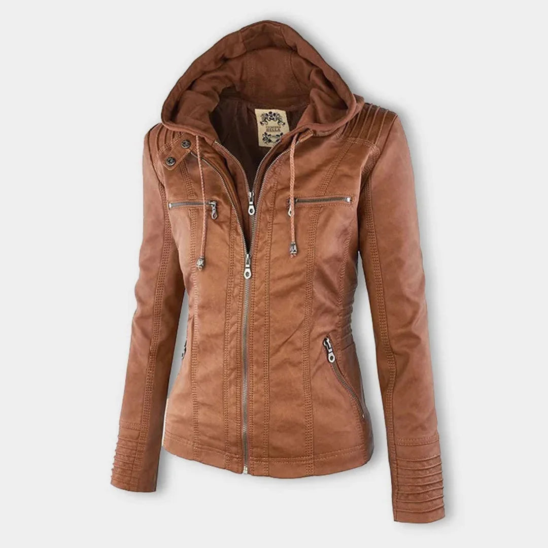 Women's Leather Jacket – Hooded Moto Biker Jacket with Zip Pockets – alternate view
