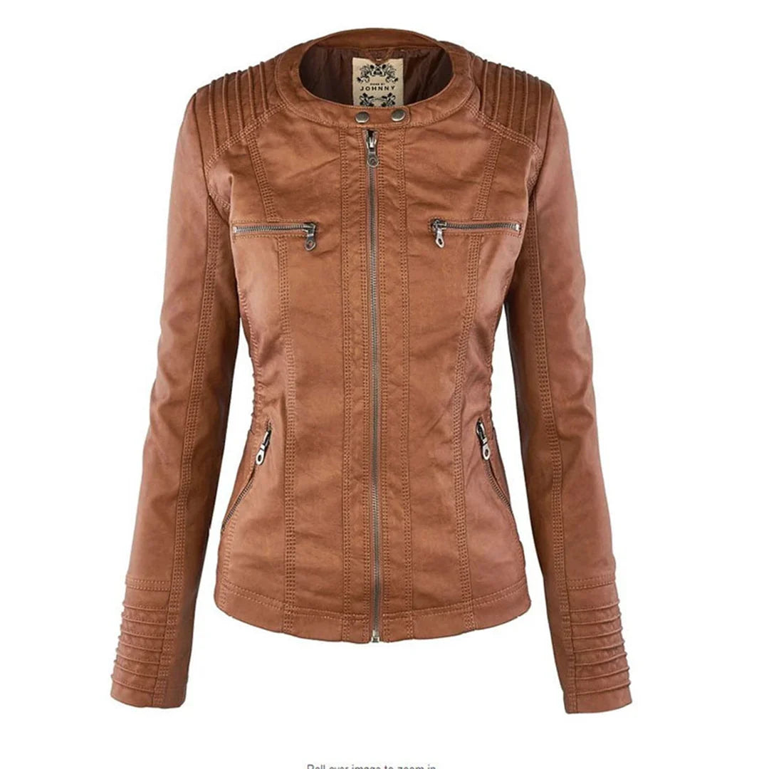 Women's Leather Jacket – Hooded Moto Biker Jacket with Zip Pockets – alternate view