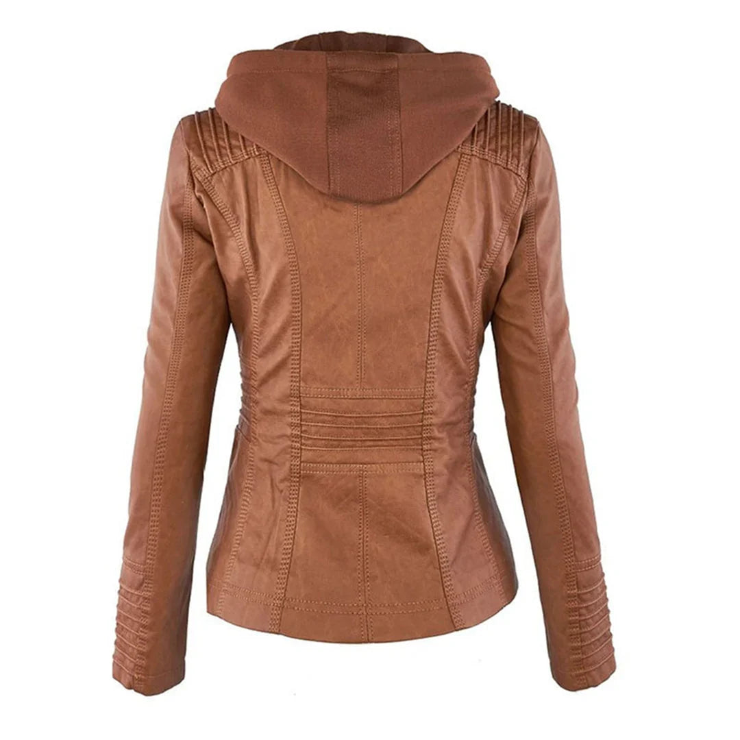 Women's Leather Jacket – Hooded Moto Biker Jacket with Zip Pockets – alternate view