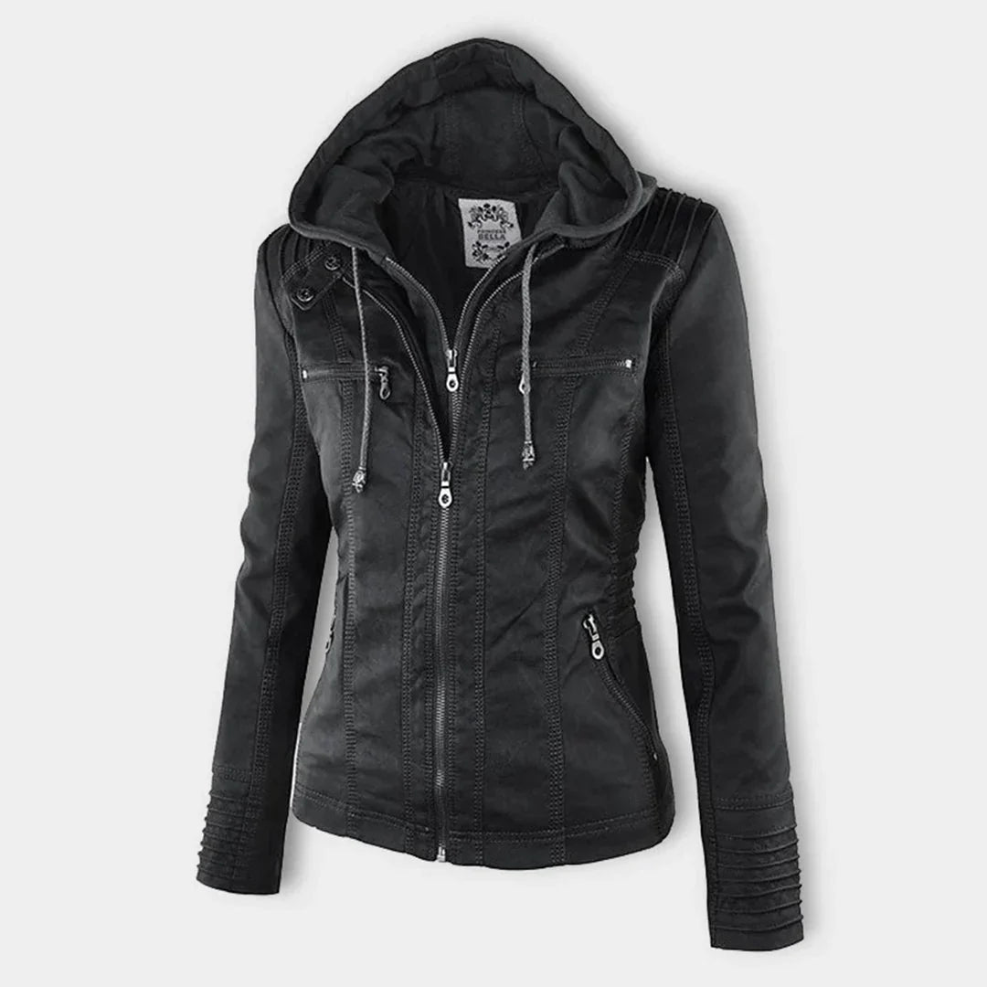Women's Leather Jacket – Hooded Moto Biker Jacket with Zip Pockets – alternate view
