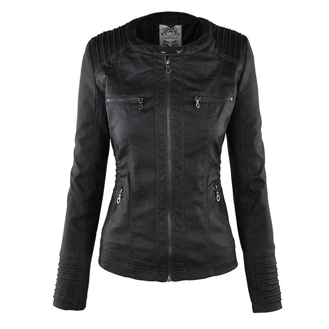 Women's Leather Jacket – Hooded Moto Biker Jacket with Zip Pockets – alternate view