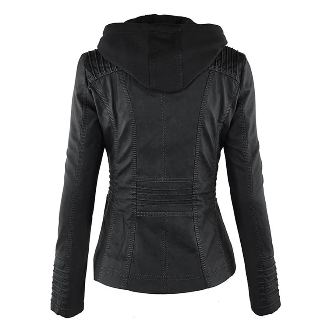 Women's Leather Jacket – Hooded Moto Biker Jacket with Zip Pockets – alternate view