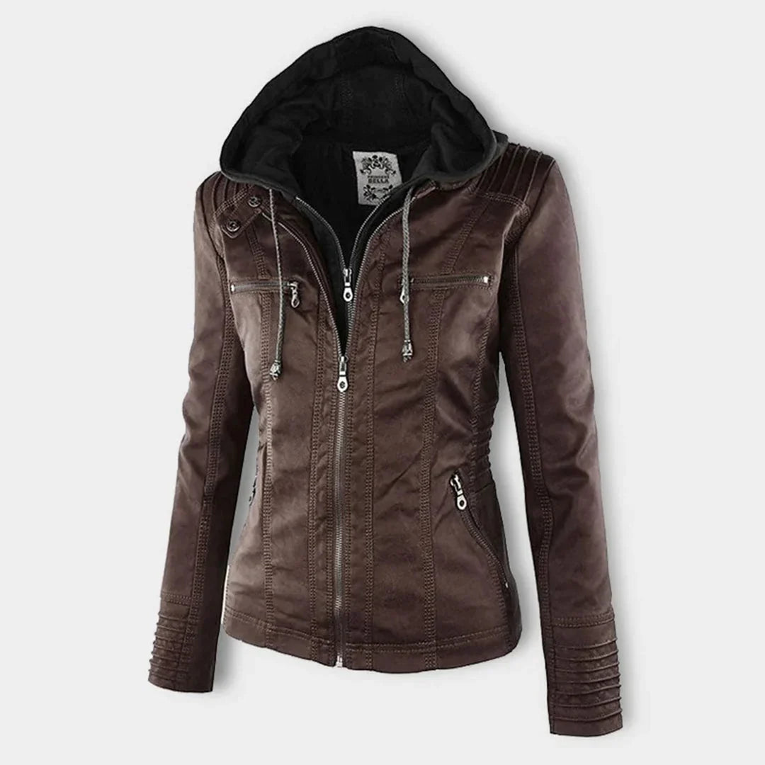 Women's Leather Jacket – Hooded Moto Biker Jacket with Zip Pockets – alternate view
