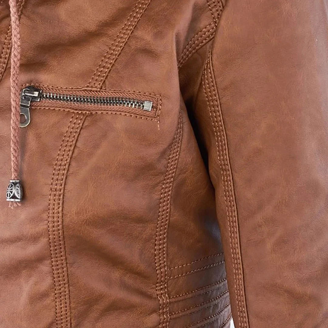 Women's Leather Jacket – Hooded Moto Biker Jacket with Zip Pockets – alternate view