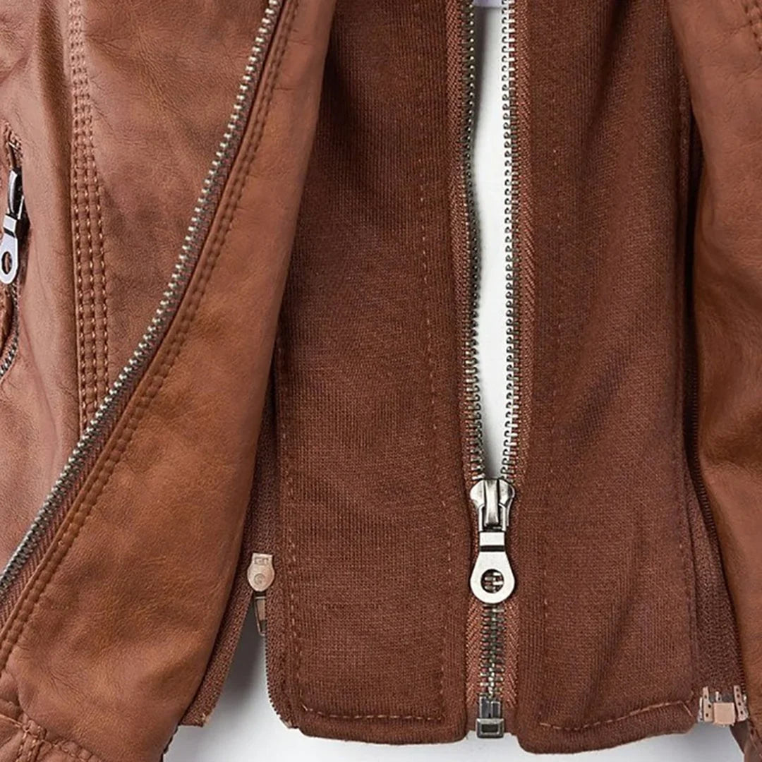 Women's Leather Jacket – Hooded Moto Biker Jacket with Zip Pockets – alternate view