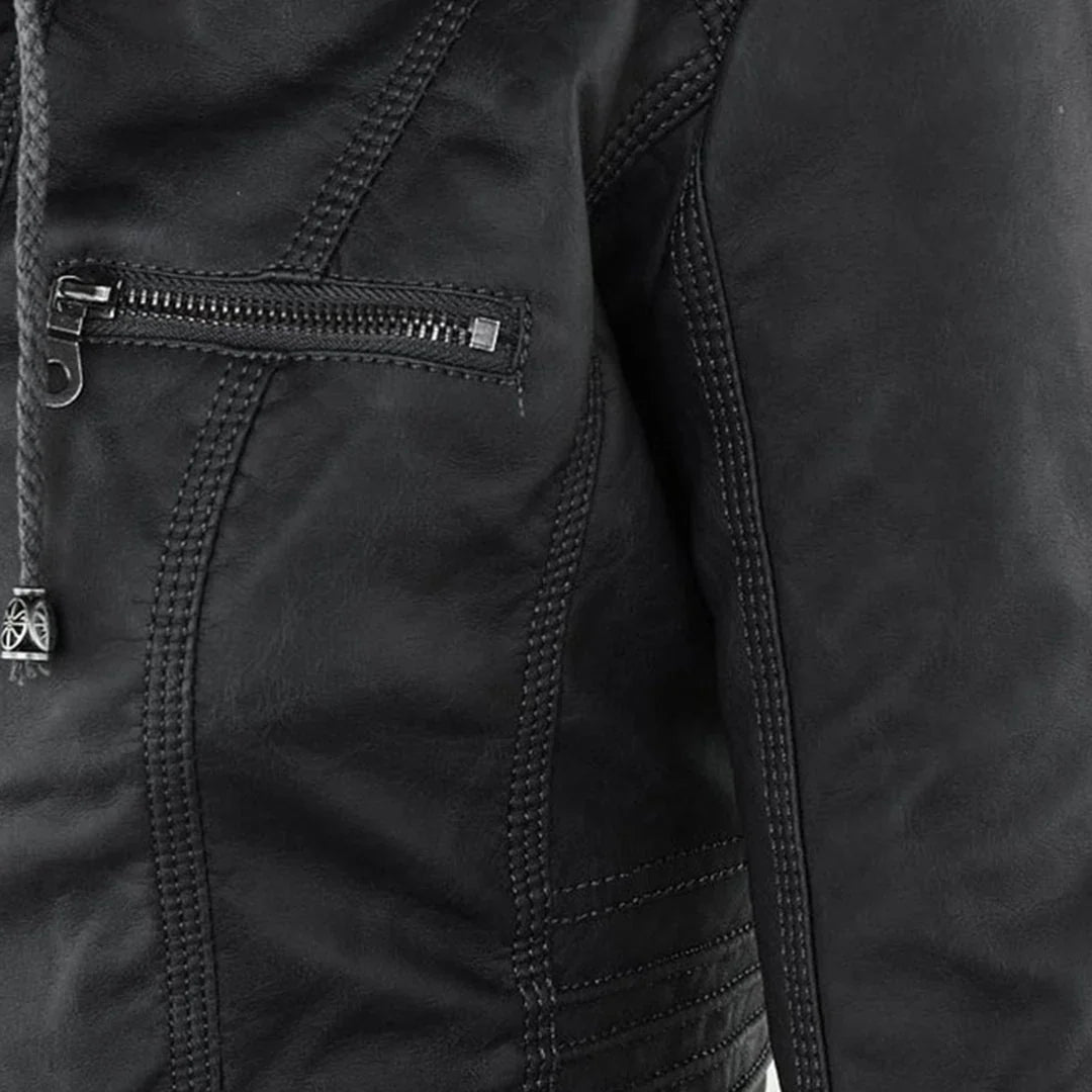 Women's Leather Jacket – Hooded Moto Biker Jacket with Zip Pockets – alternate view