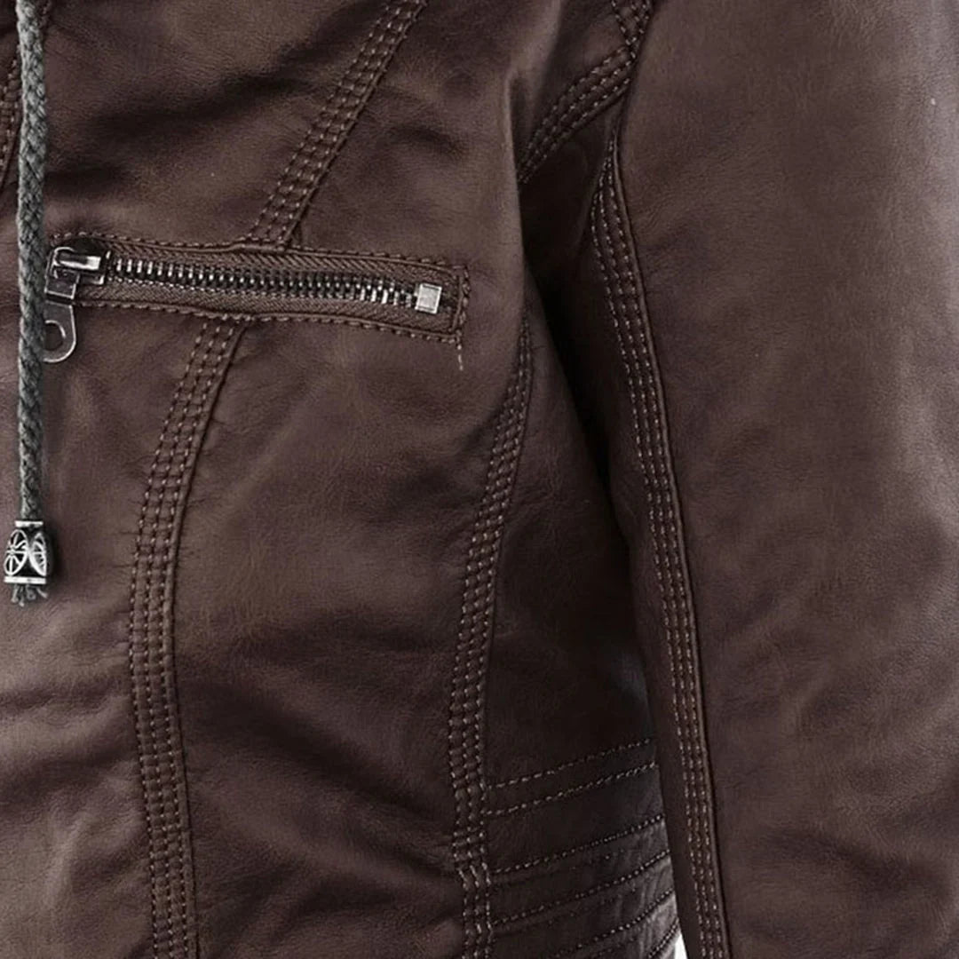 Women's Leather Jacket – Hooded Moto Biker Jacket with Zip Pockets – alternate view