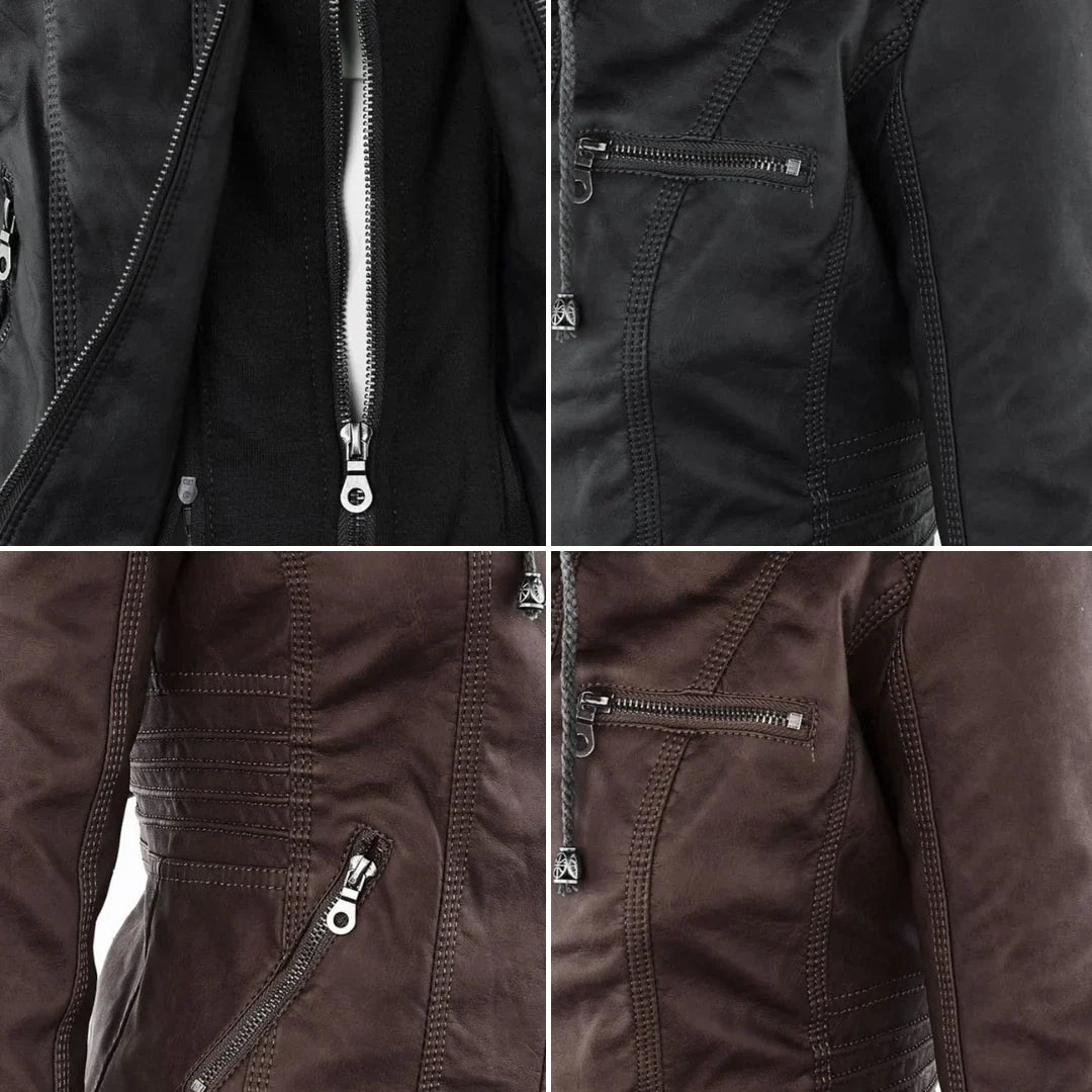 Women's Leather Jacket – Hooded Moto Biker Jacket with Zip Pockets – alternate view