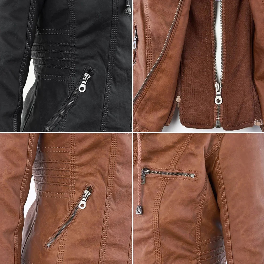Women's Leather Jacket – Hooded Moto Biker Jacket with Zip Pockets – alternate view
