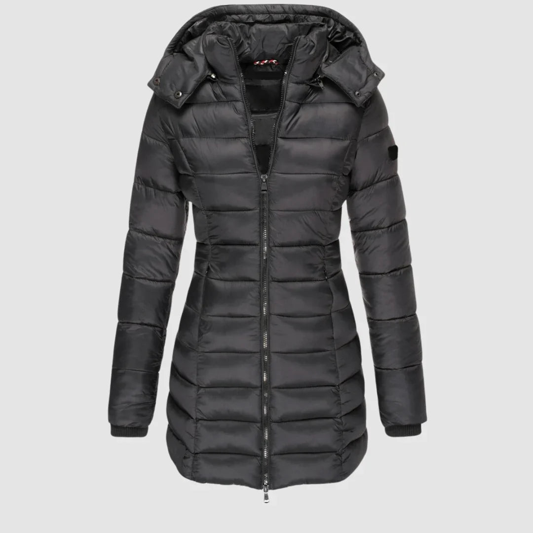 Women's Puffer Coat with Hood – Mid-Thigh Quilted Puffer Jacket in Black