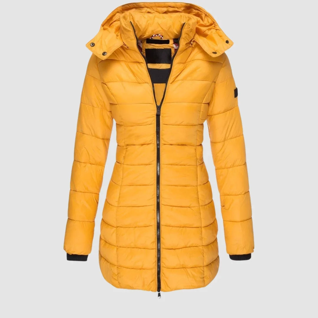 Women's Puffer Coat with Hood – Mid-Thigh Quilted Puffer Jacket in Yellow