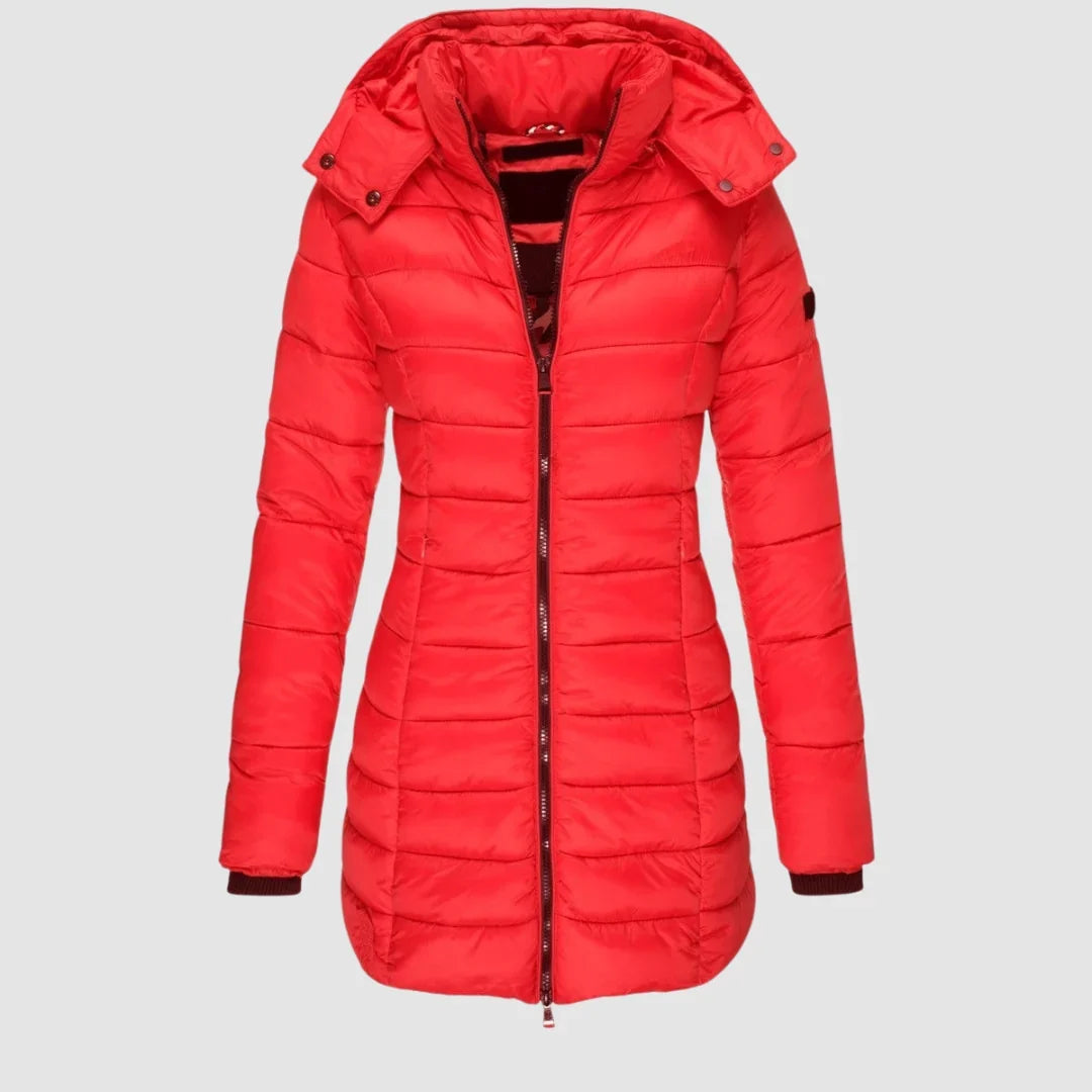 Women's Puffer Coat with Hood – Mid-Thigh Quilted Puffer Jacket in Red