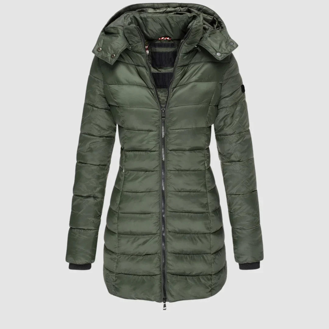 Women's Puffer Coat with Hood – Mid-Thigh Quilted Puffer Jacket in Army Green