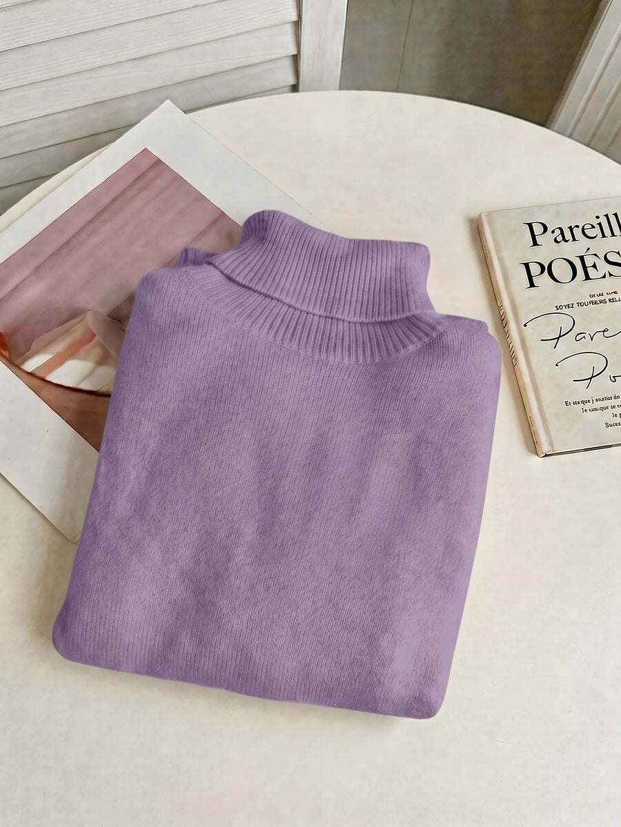 Fleece Lined Turtleneck Sweater Rib Knit Long Sleeve - Lilac - photo 6