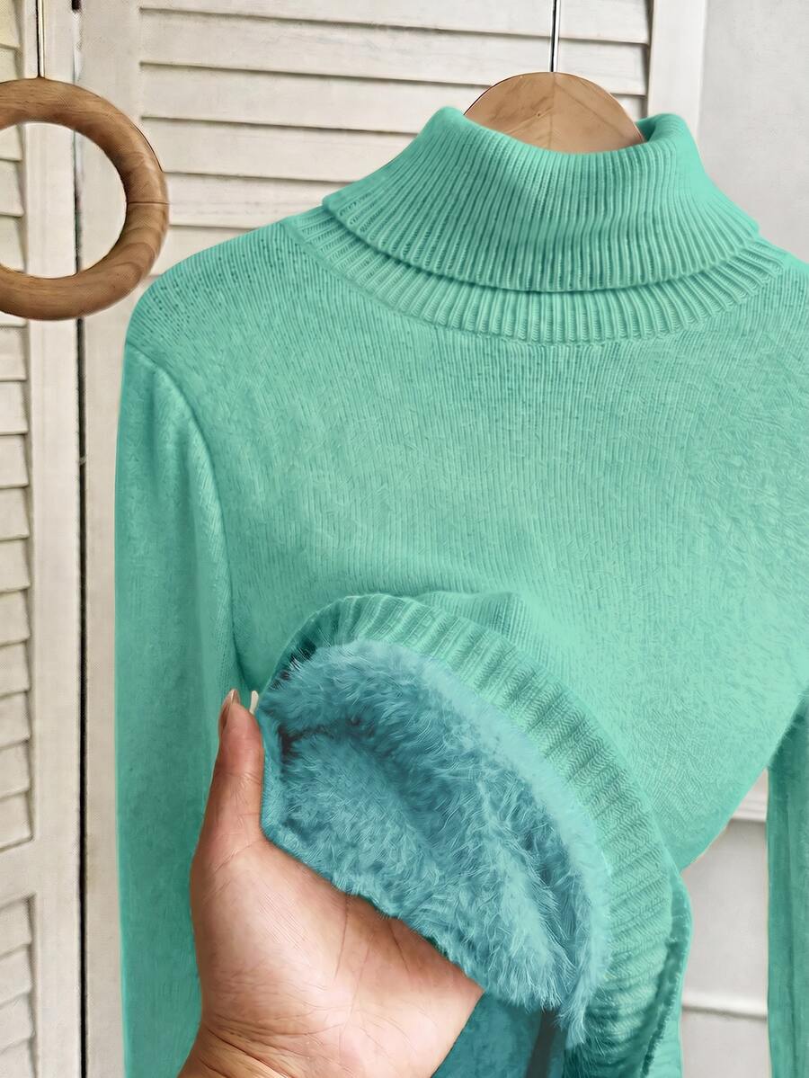 Rib Knit Turtleneck Sweater Long Sleeve Slim Fit - Mint - photo 4