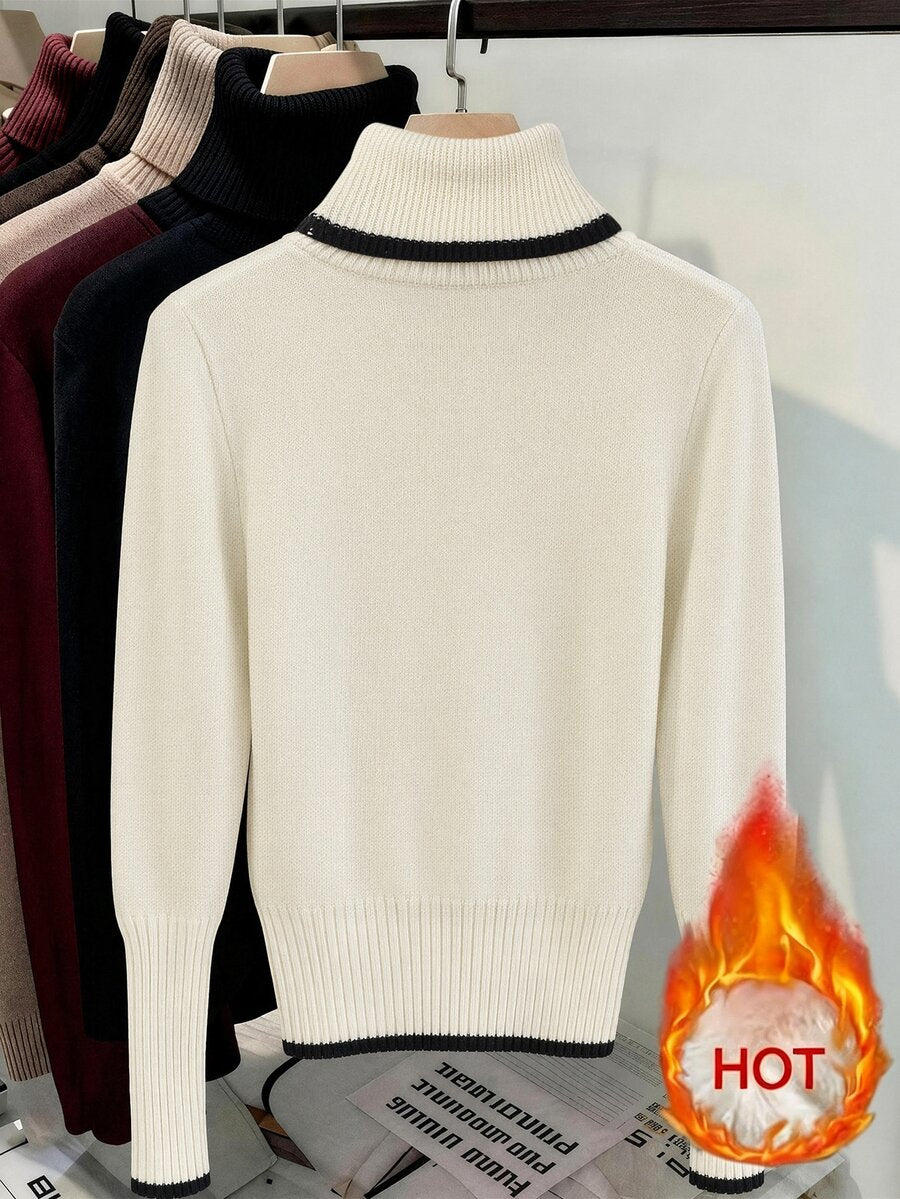 Women's Turtleneck Sweater Long Sleeve Rib Knit Slim Fit - Off White - photo 3