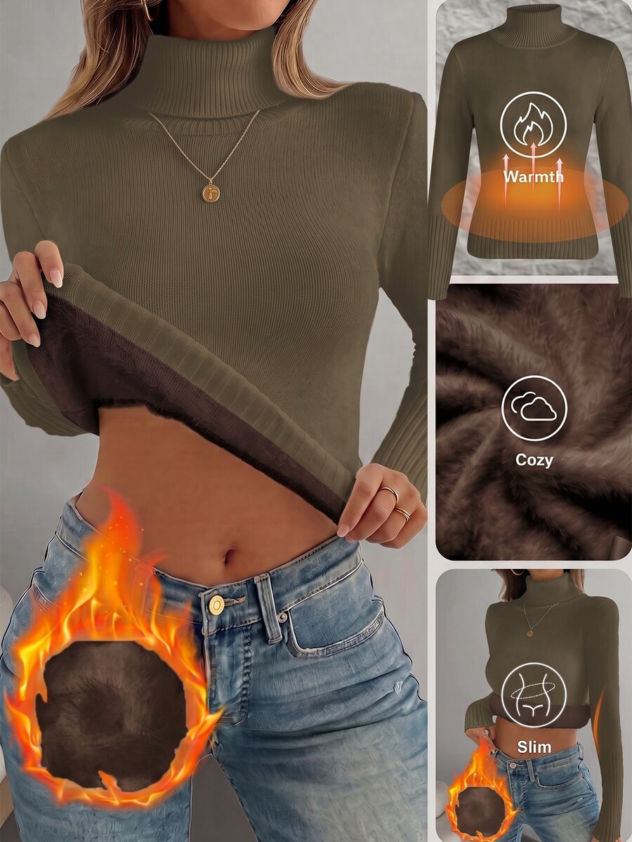 Rib Knit Turtleneck Sweater Long Sleeve Slim Fit - Olive - photo 6