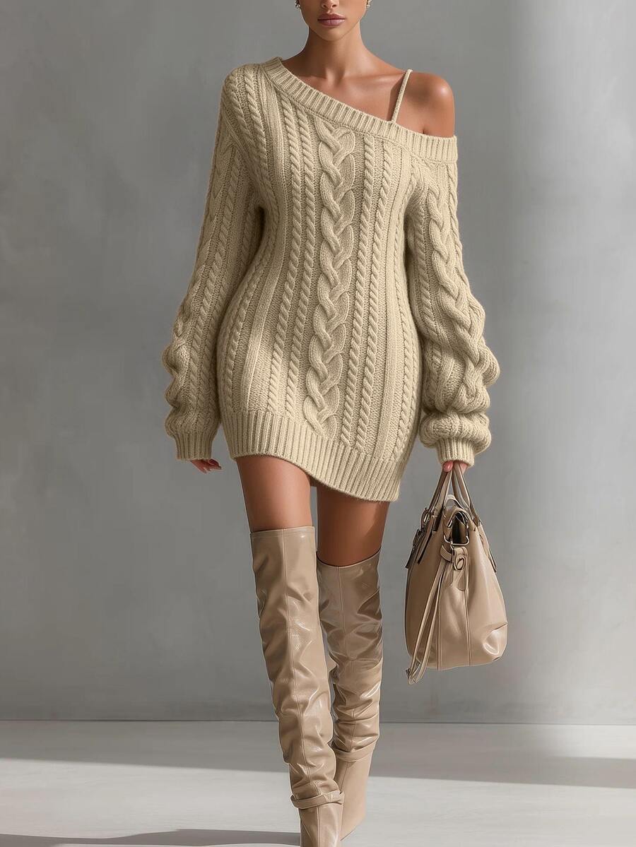 Cold Shoulder Cable Knit Sweater Dress Long Sleeve Bodycon - Beige - photo 3
